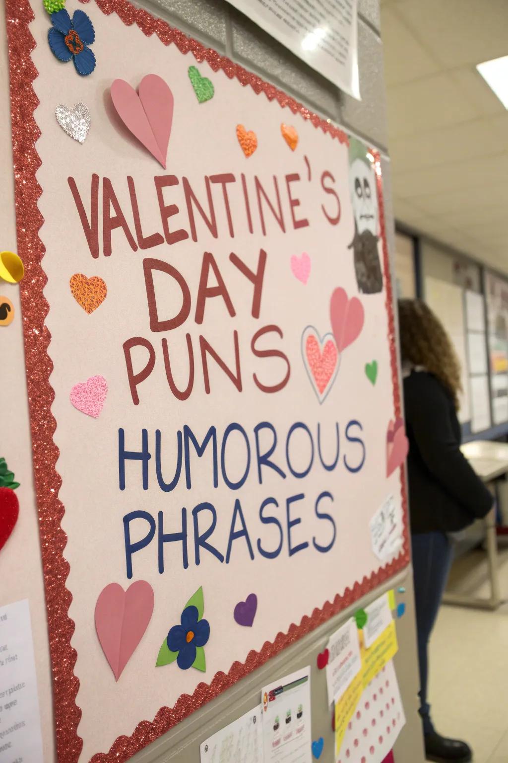 A bulletin board showcasing Valentine's Day wordplay.
