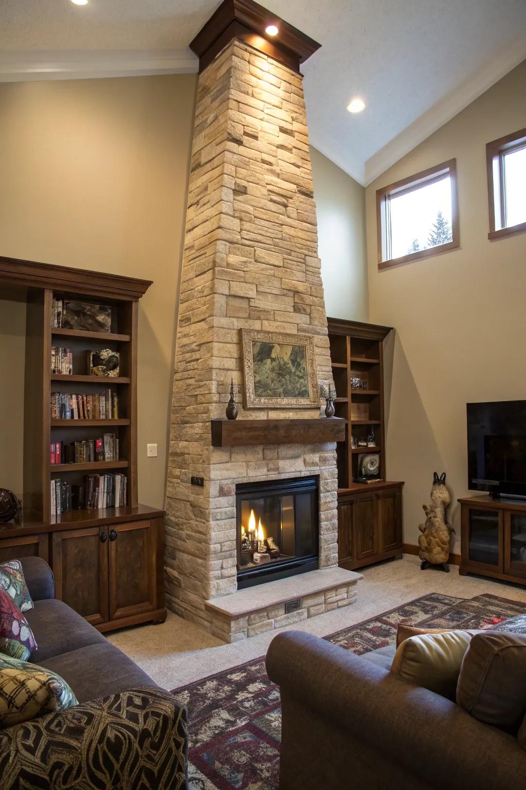 Tall fireplace components contribute drama and elevation to a space.