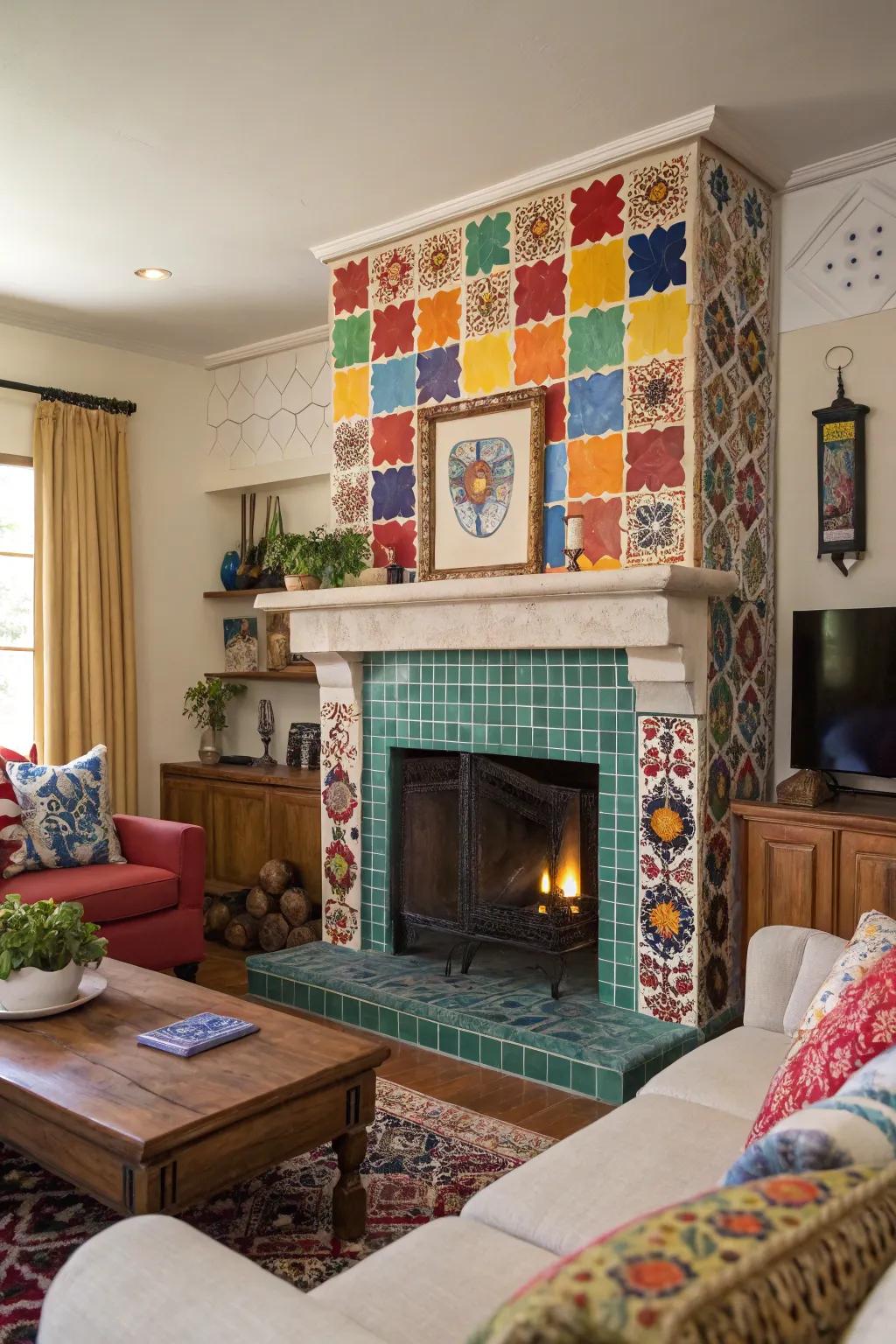 Colorful tiles add personality and vibrancy to your fireplace.