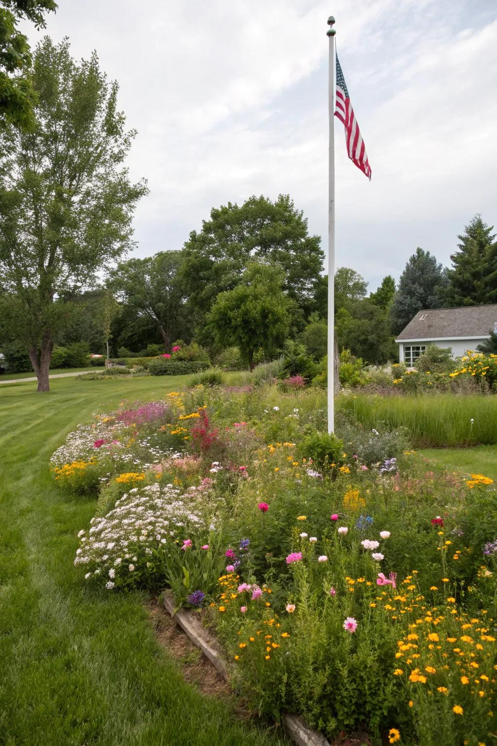 Wildflowers contribute an element of nature and color to flagpole vicinities.