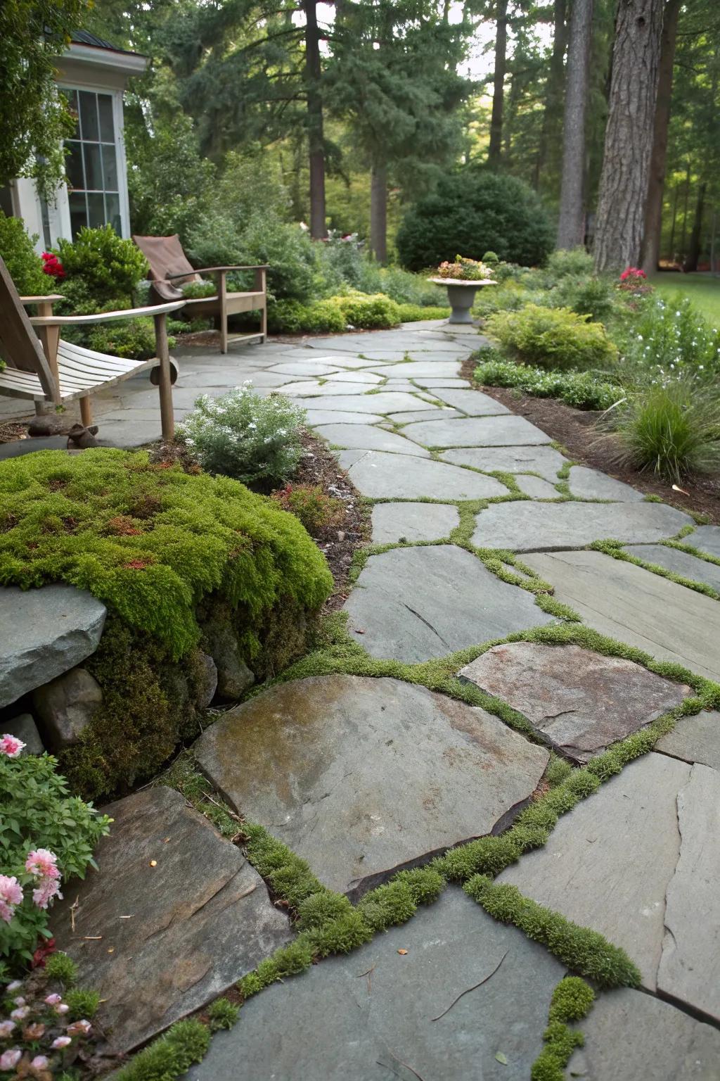 A flagstone patio detailed with verdant moss accents.