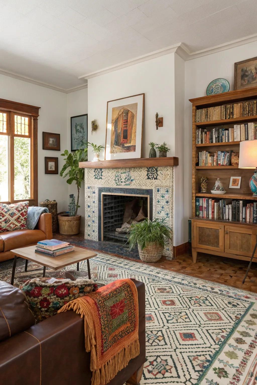 A vibrant living room with a tiled floor-to-ceiling fireplace.