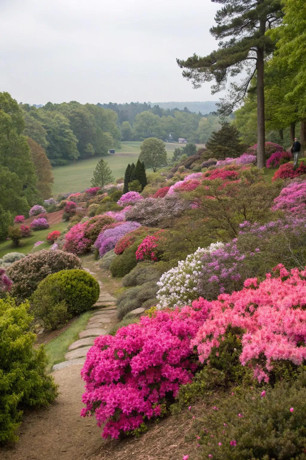 Create depth with tiered azalea plantings.