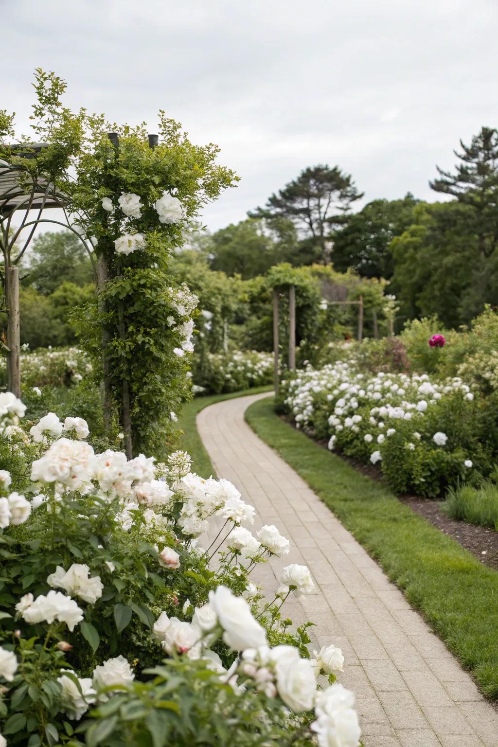 A serene floral border showcasing elegant white blossoms and verdant foliage.