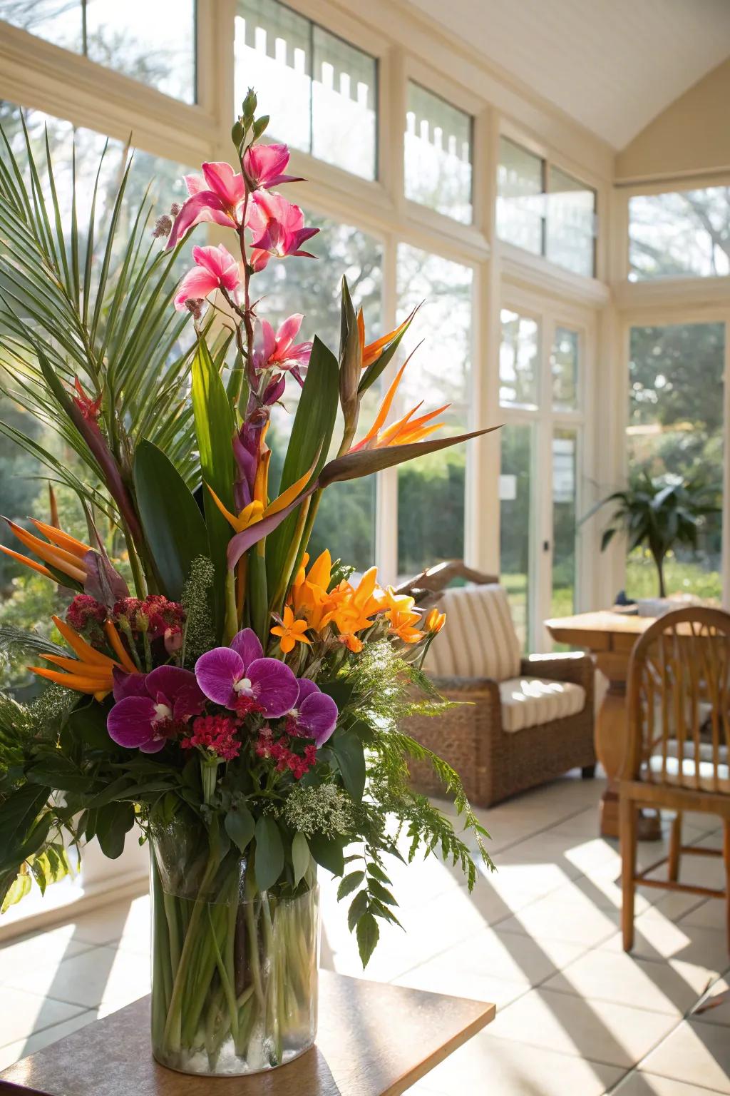 A tropical bouquet creating an exotic atmosphere in a sunroom.