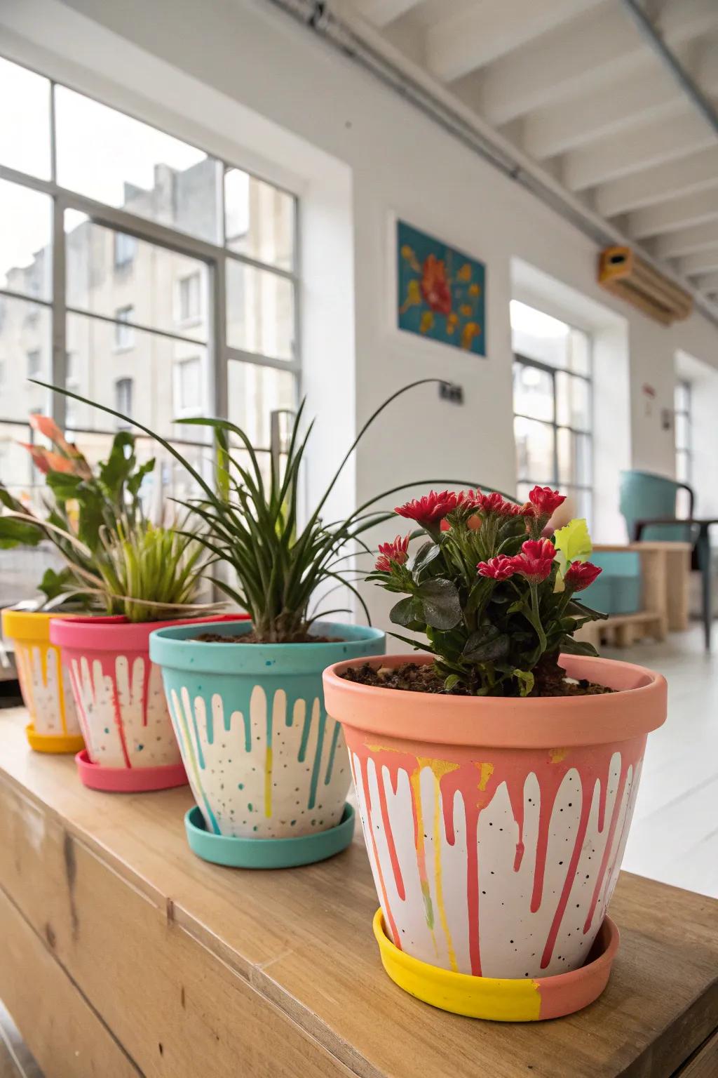 Splash-dyed flower containers making a bold artistic statement.