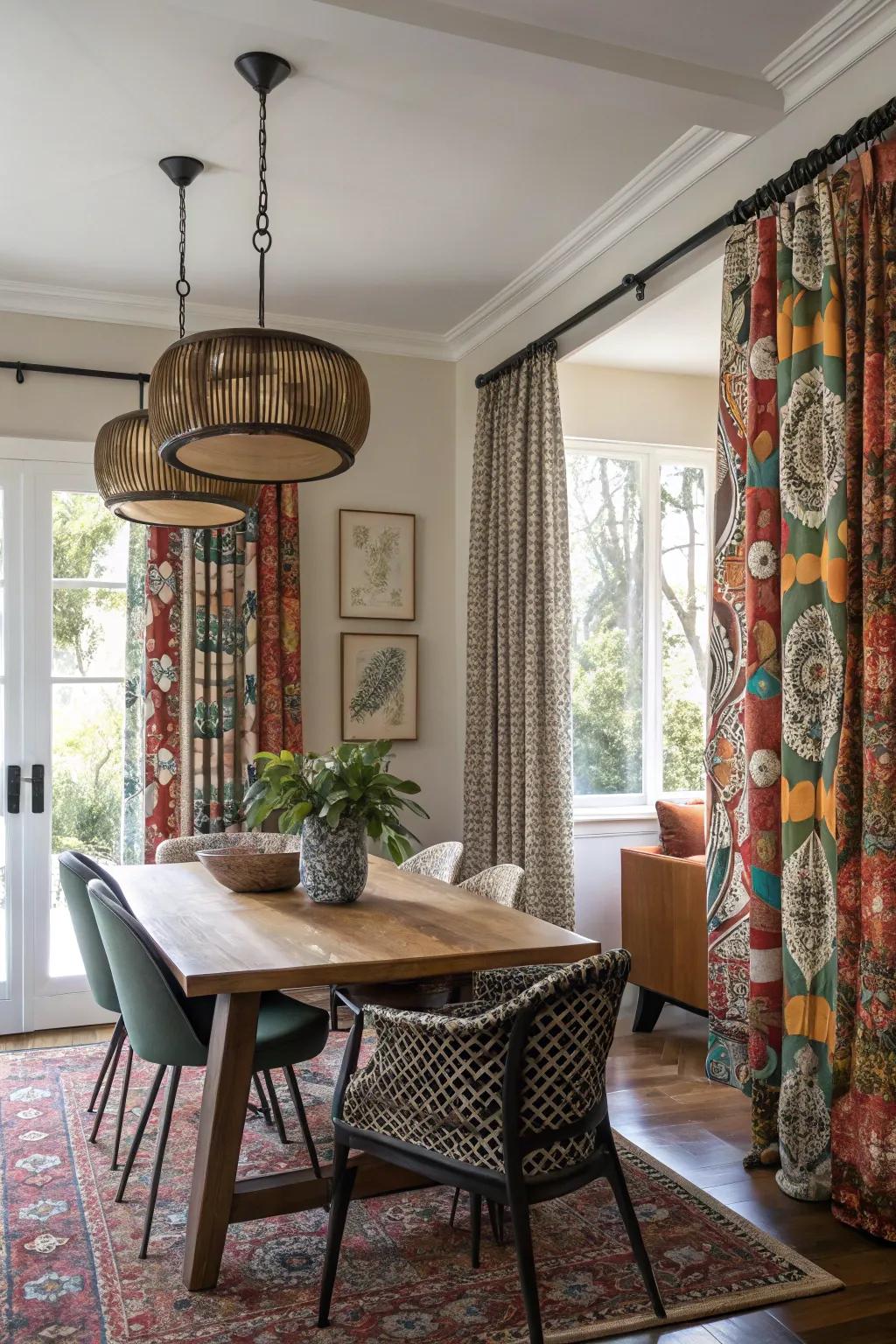 Eclectic window treatment designs mix traditional and modern styles in this dining area.