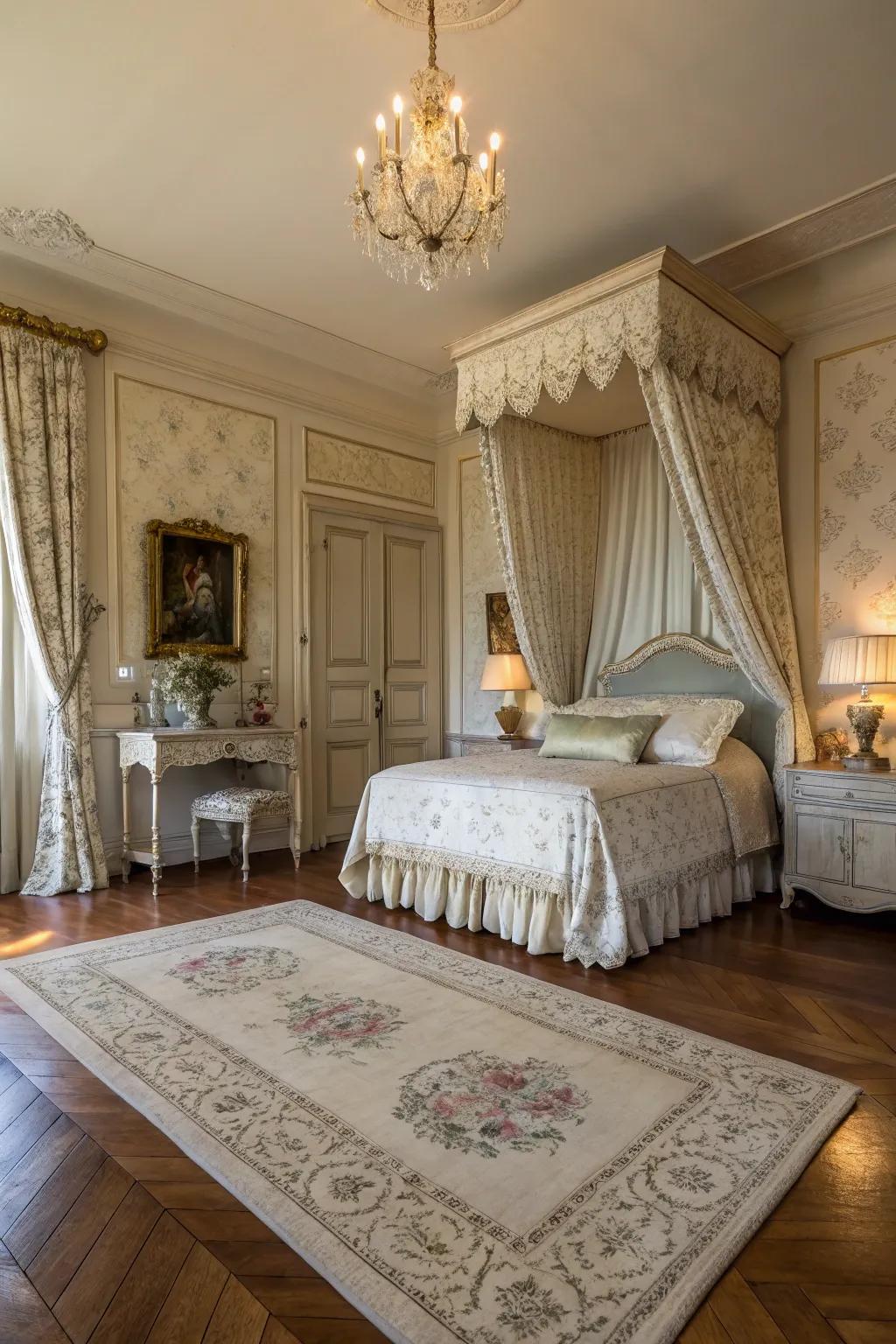 A rich floor covering introduces coziness and texture to the French bedroom.