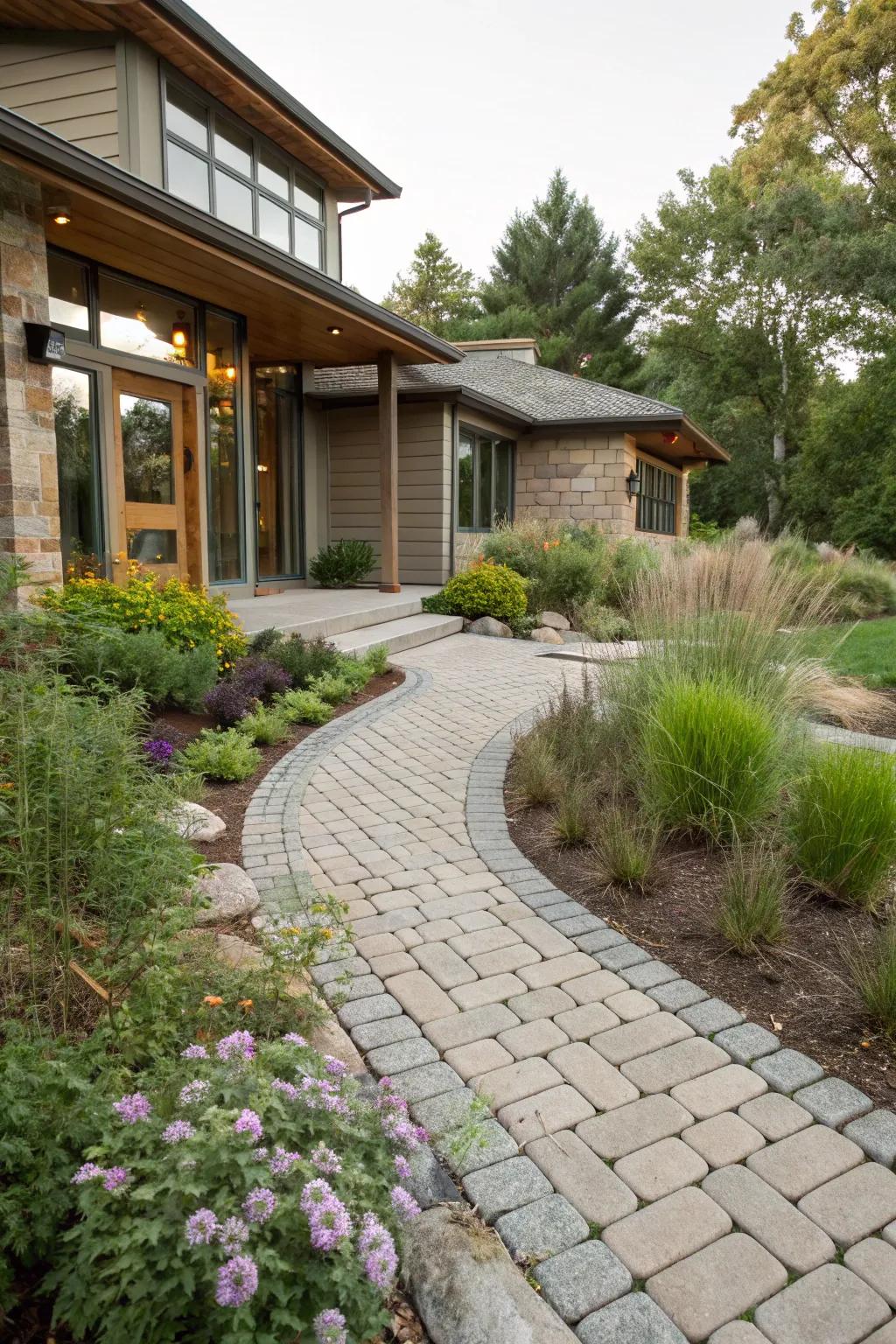Environmentally conscious permeable pavers culminating in a sustainable entrance.
