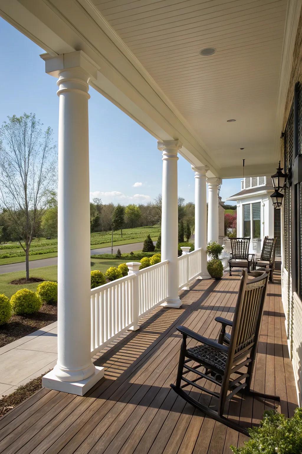 Columns harmonized with railings establish a seamless porch blueprint.