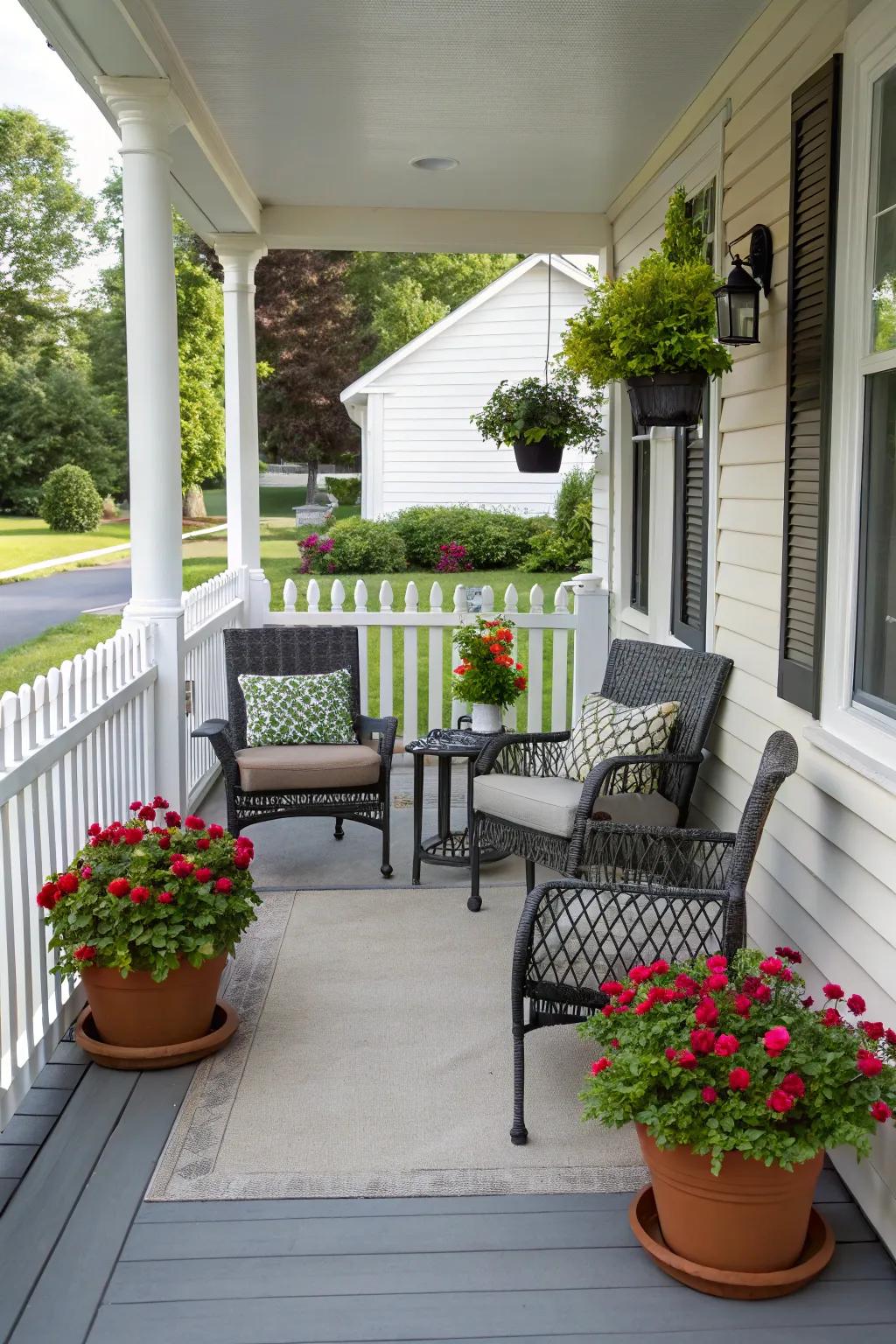 Your porch benefits from symmetrical design's harmony and equilibrium.