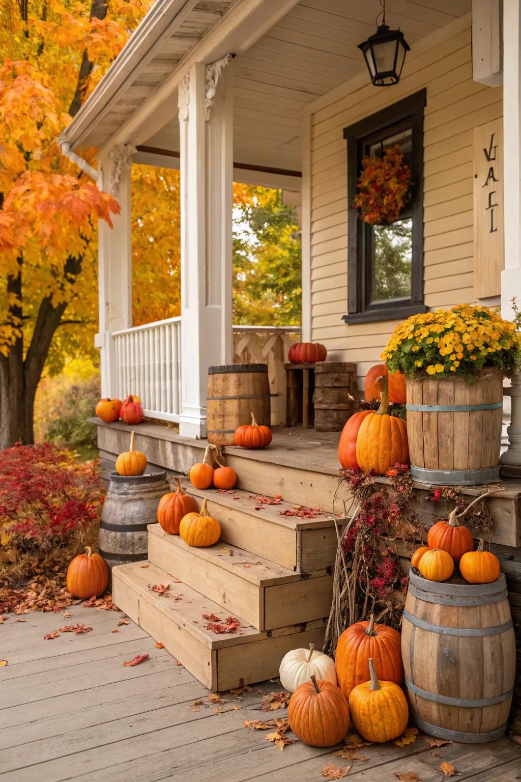 Timber highlights augment the countryside fascination of gourd ornamentation.