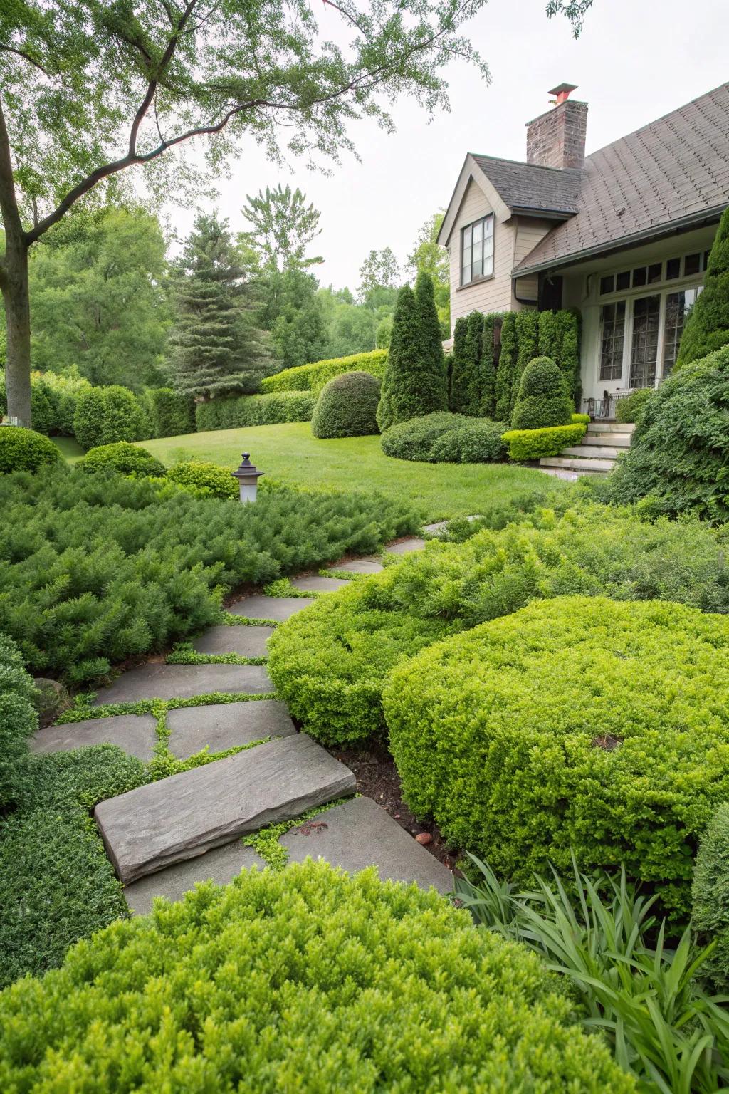 Evergreen groundcovers offer low-maintenance beauty.