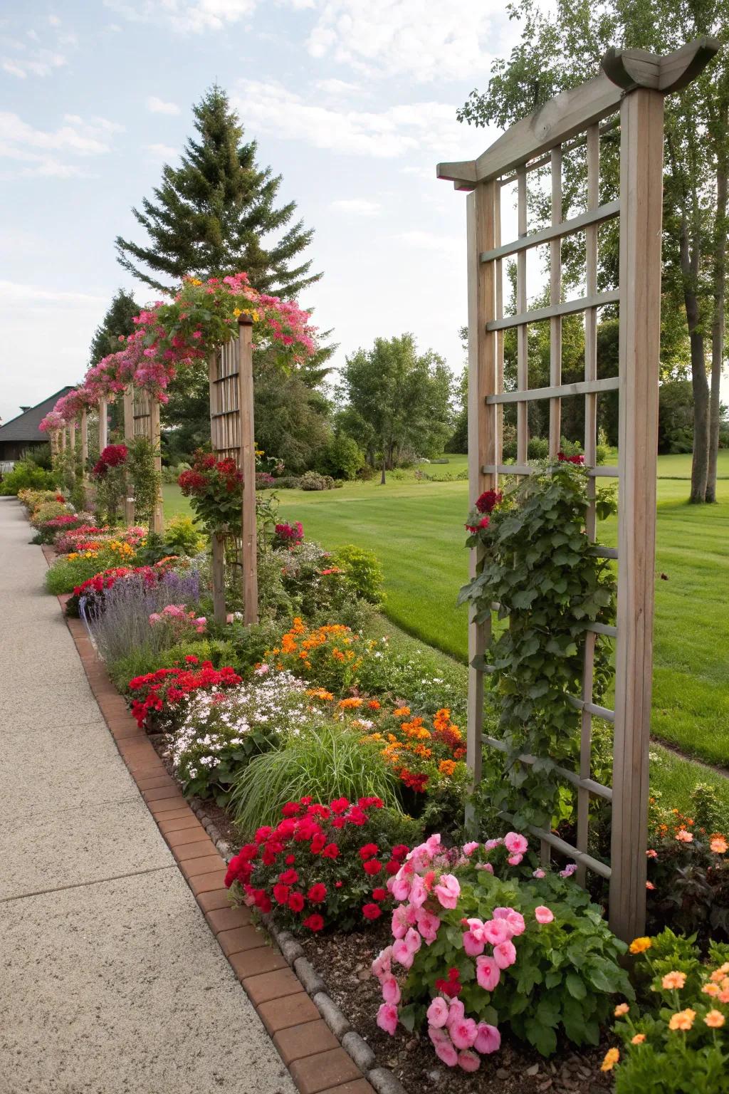 Incorporate vertical dimension with trellises in your flower beds.