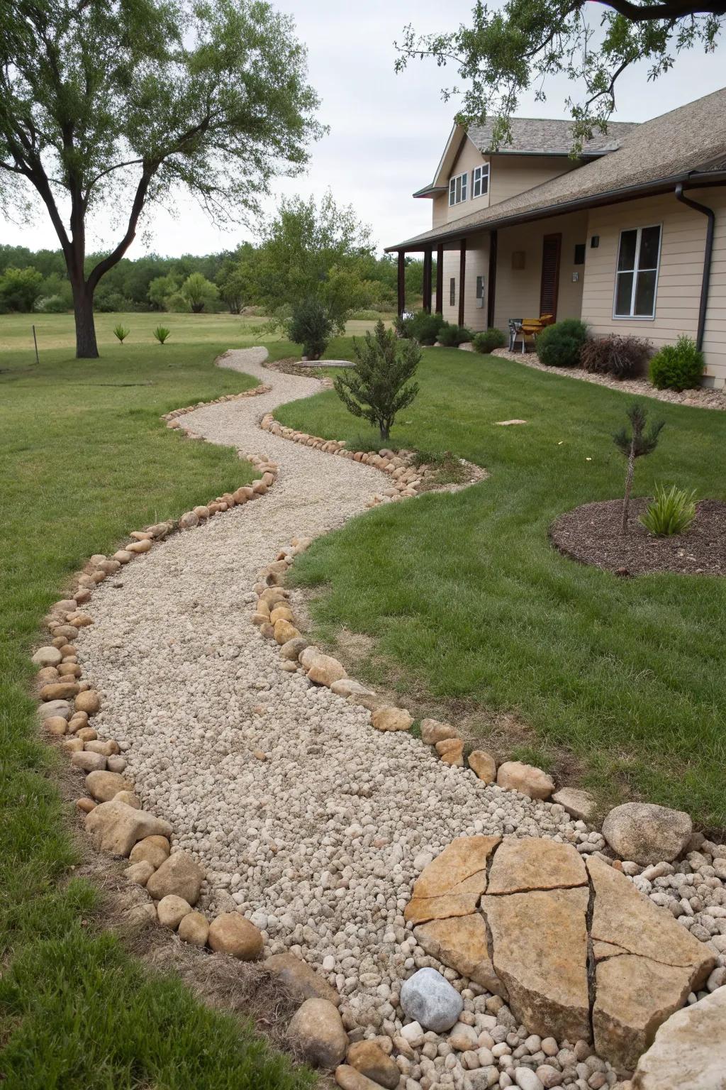 A simulated riverbed introduces a natural, flowing characteristic to the landscape.