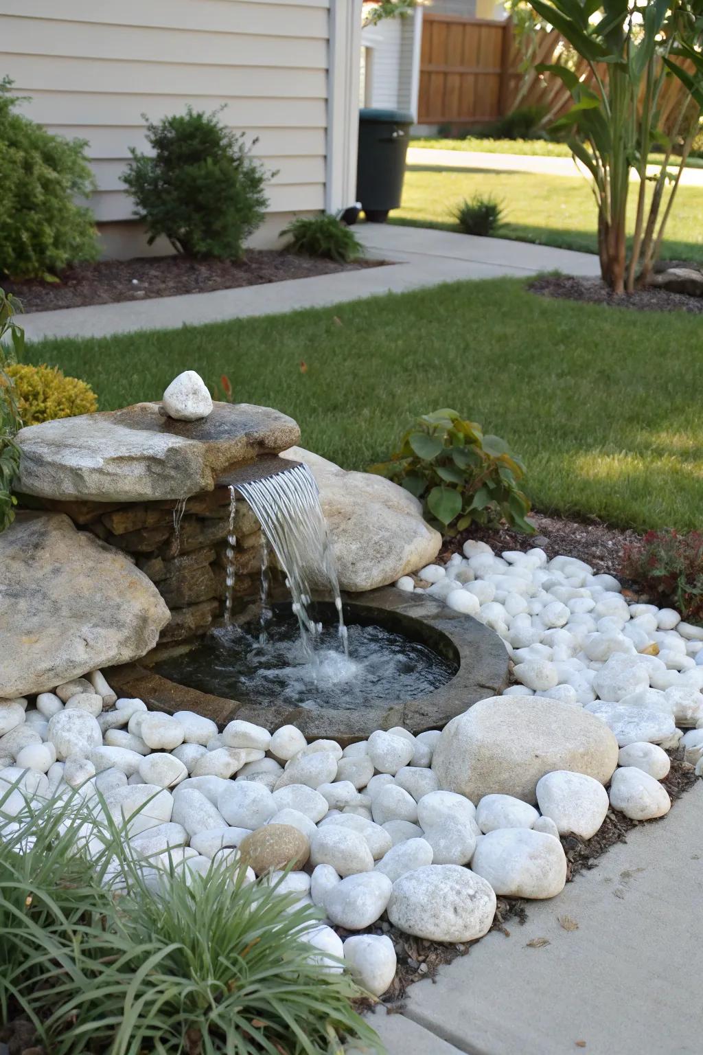 A water feature with pure rocks fashions a serene garden oasis.