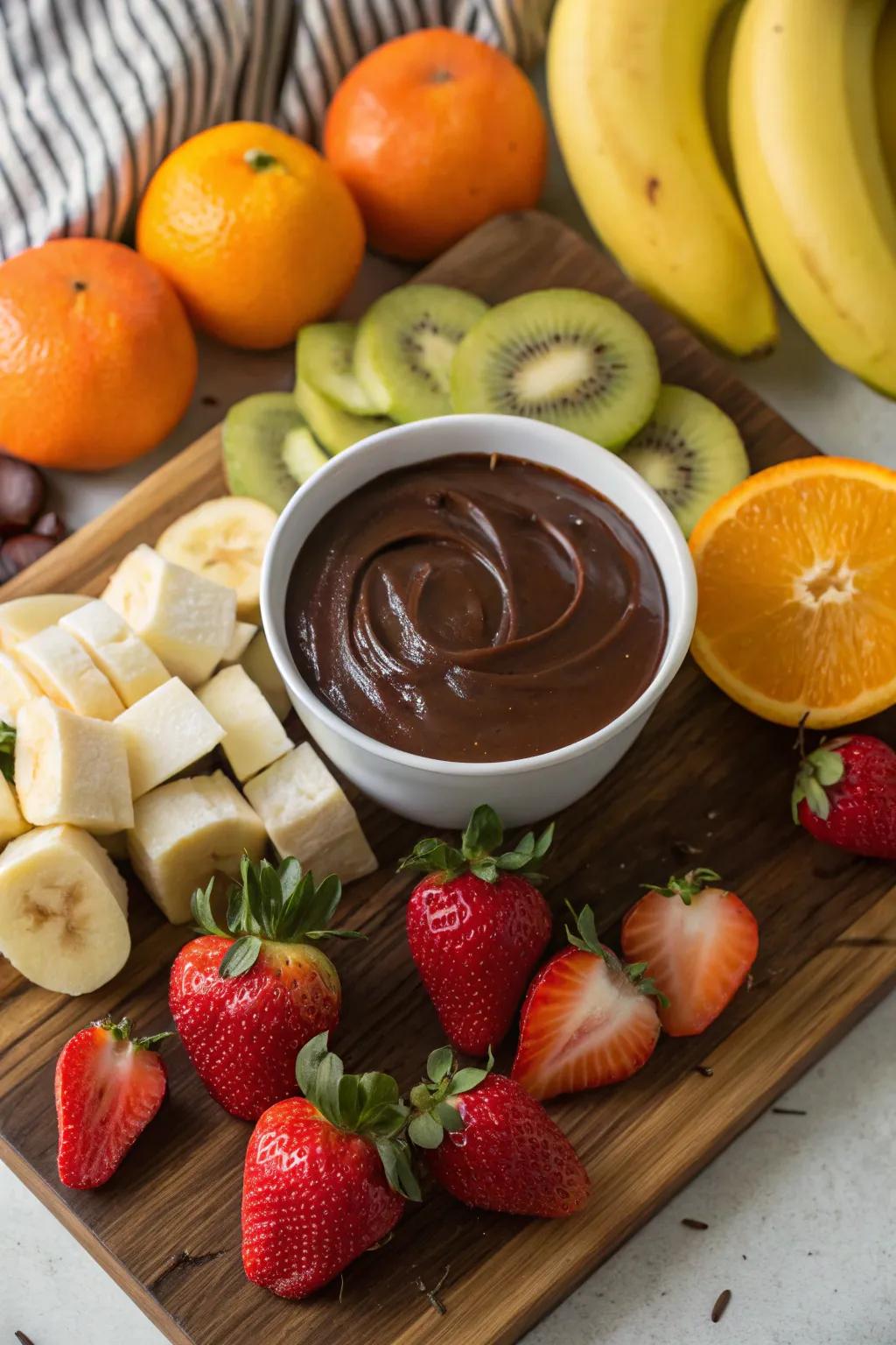 A lavish fruit presentation featuring chocolate fondue for dipping.