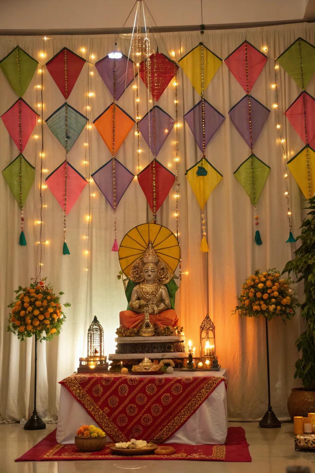 Kites forming a playful and vibrant canopy for Ganpati.