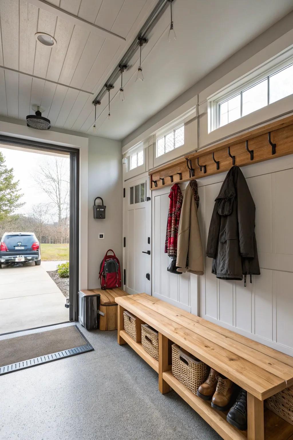 A mudroom-like entryway keeps the garage organized and functional.