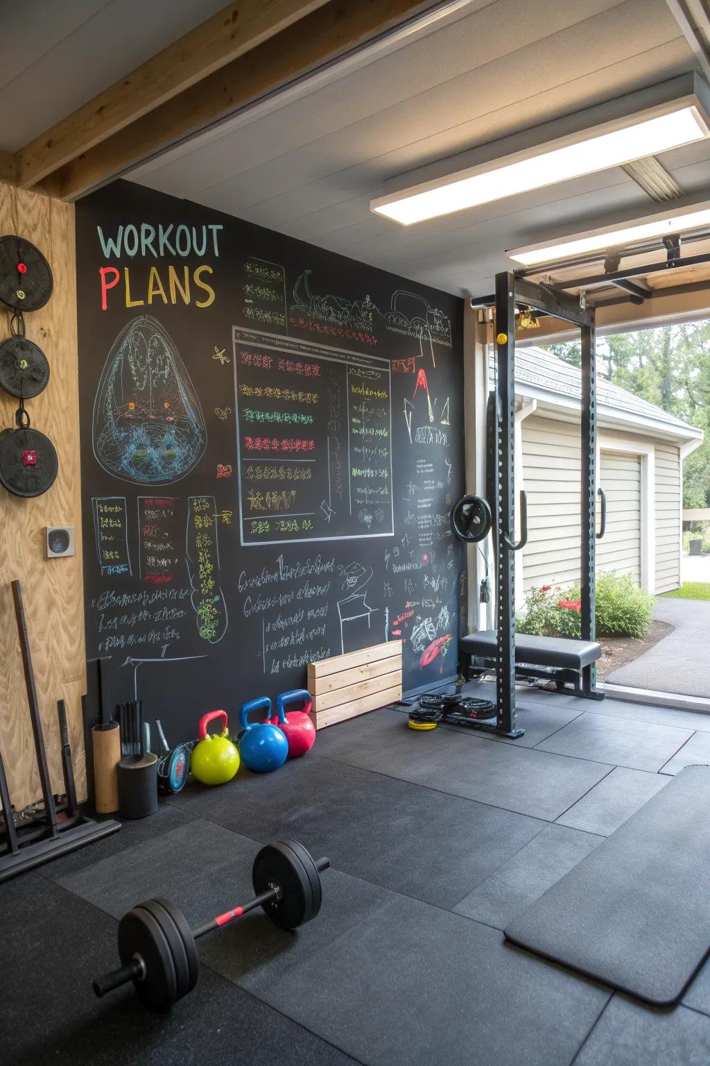 Slate surfaces deliver area for workout schemes and encouragement.