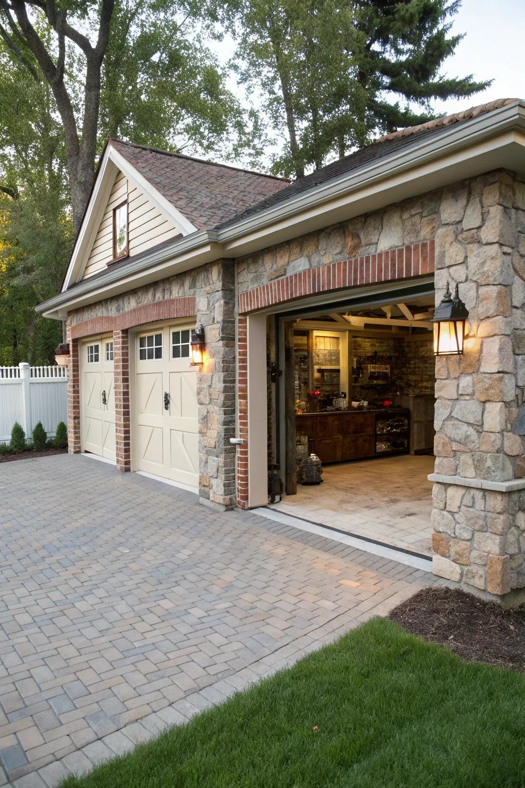 Earthy stone and brick embellishments for garage trim.