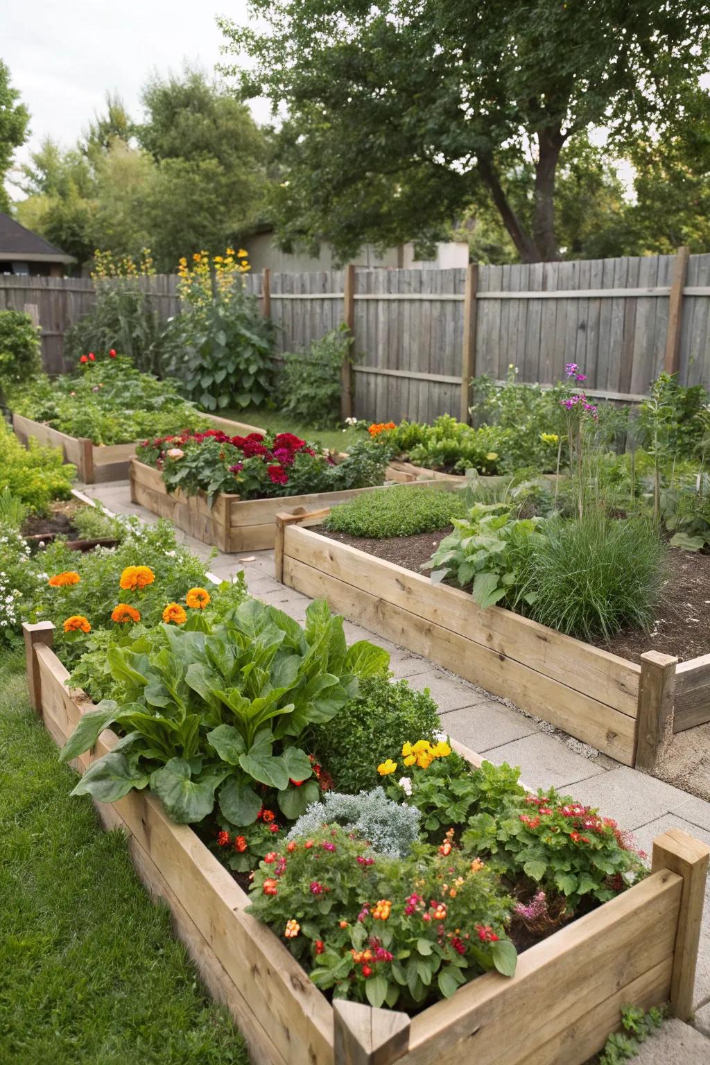 Raised garden beds loaded with a variety of plants, adding construction and order.