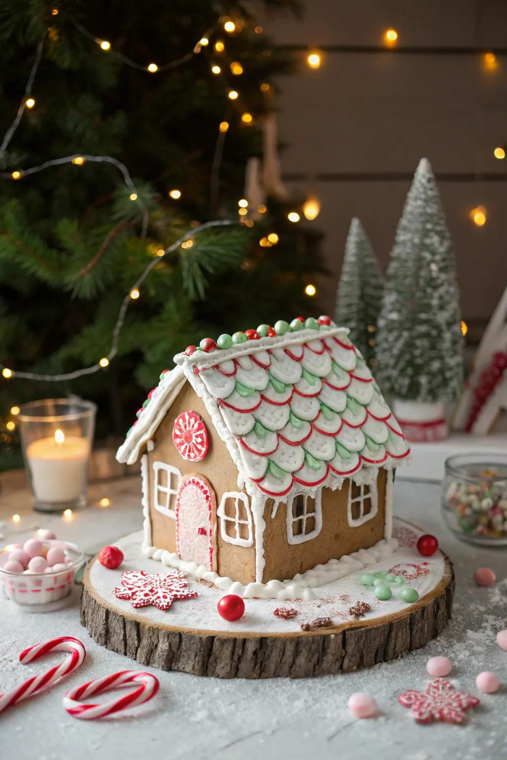 A gingerbread roof featuring peppermint confection shingles.