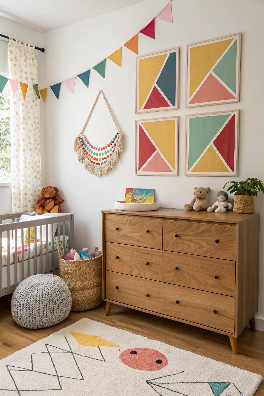 Patterned wall art adds a modern twist to the nursery.