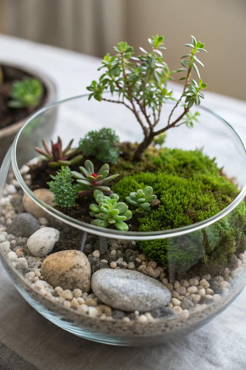 A captivating miniature garden nestled in a glass bowl.