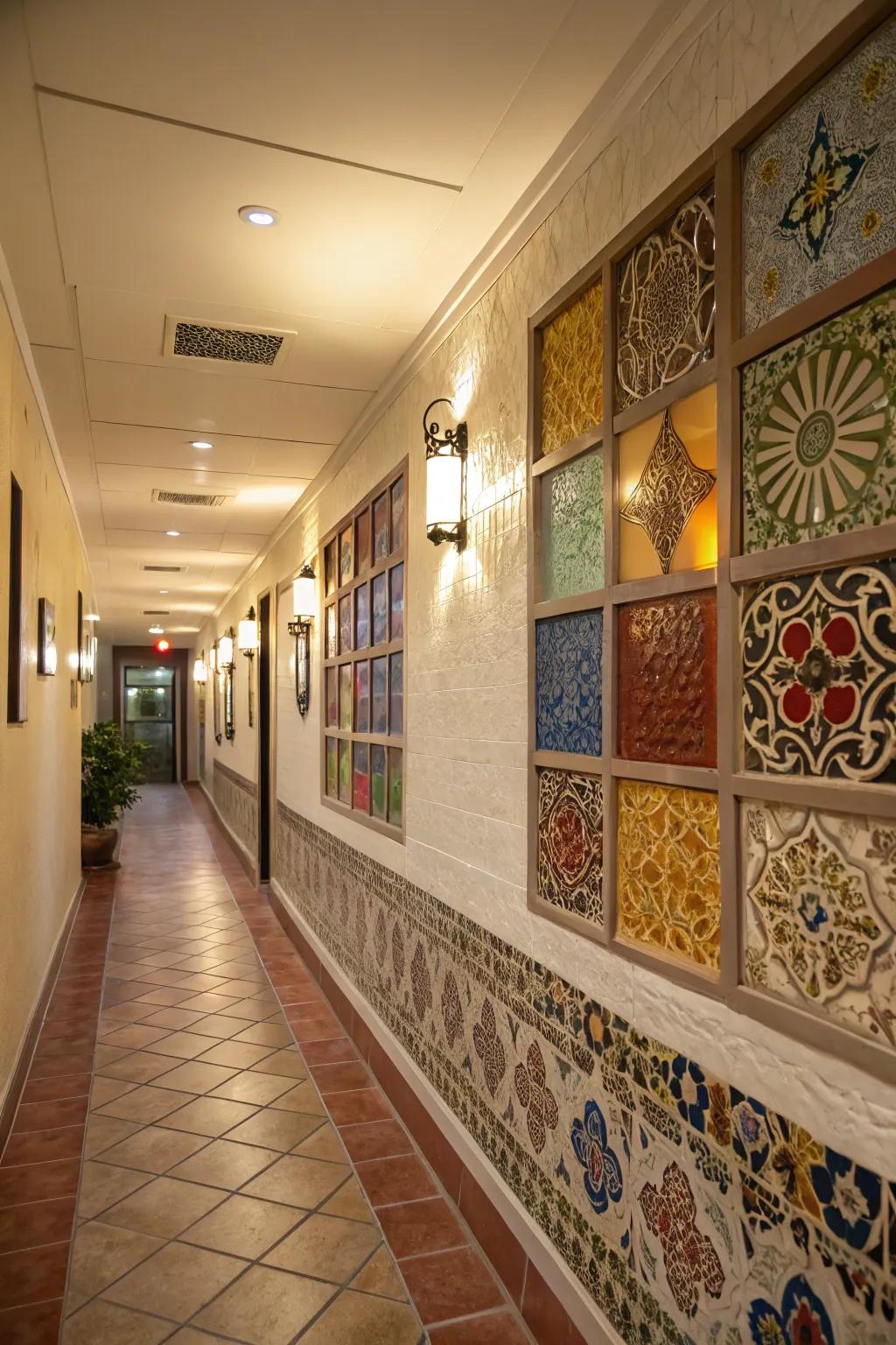 Ornamental components employing glass tiles engender unanticipated visual intrigue.