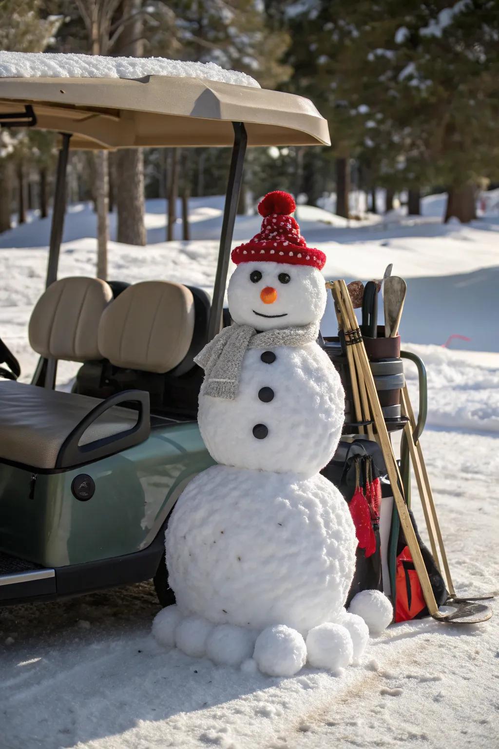 A snowman imparts wintry jubilation to this golf cart.