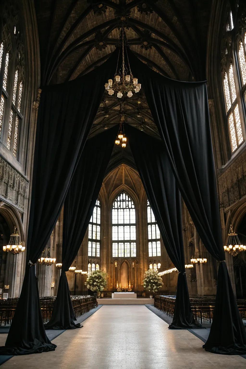 A Gothic wedding venue showcasing refined ebony curtains.
