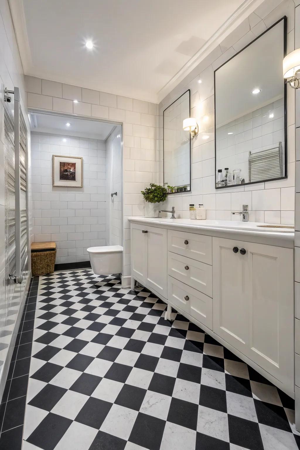 Striking decking porcelain tiles create a bold declaration within the gothic bathroom.