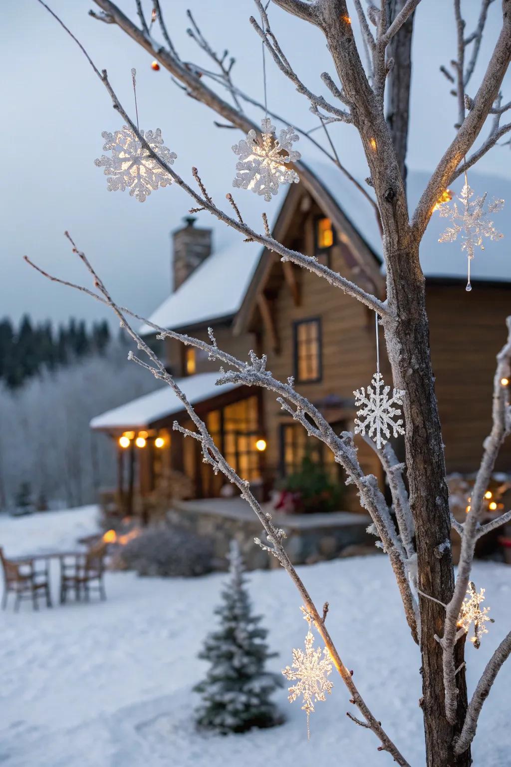 A grapevine tree transmuted into a winter wonderland through frosted ornamentation.