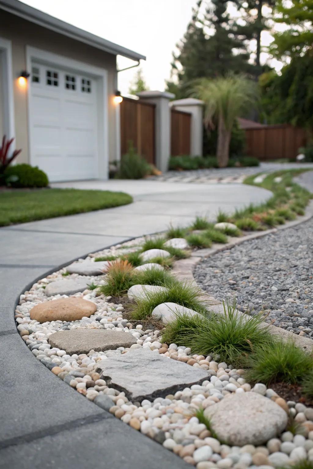 A tranquil Zen garden atmosphere featuring gravel and turf.