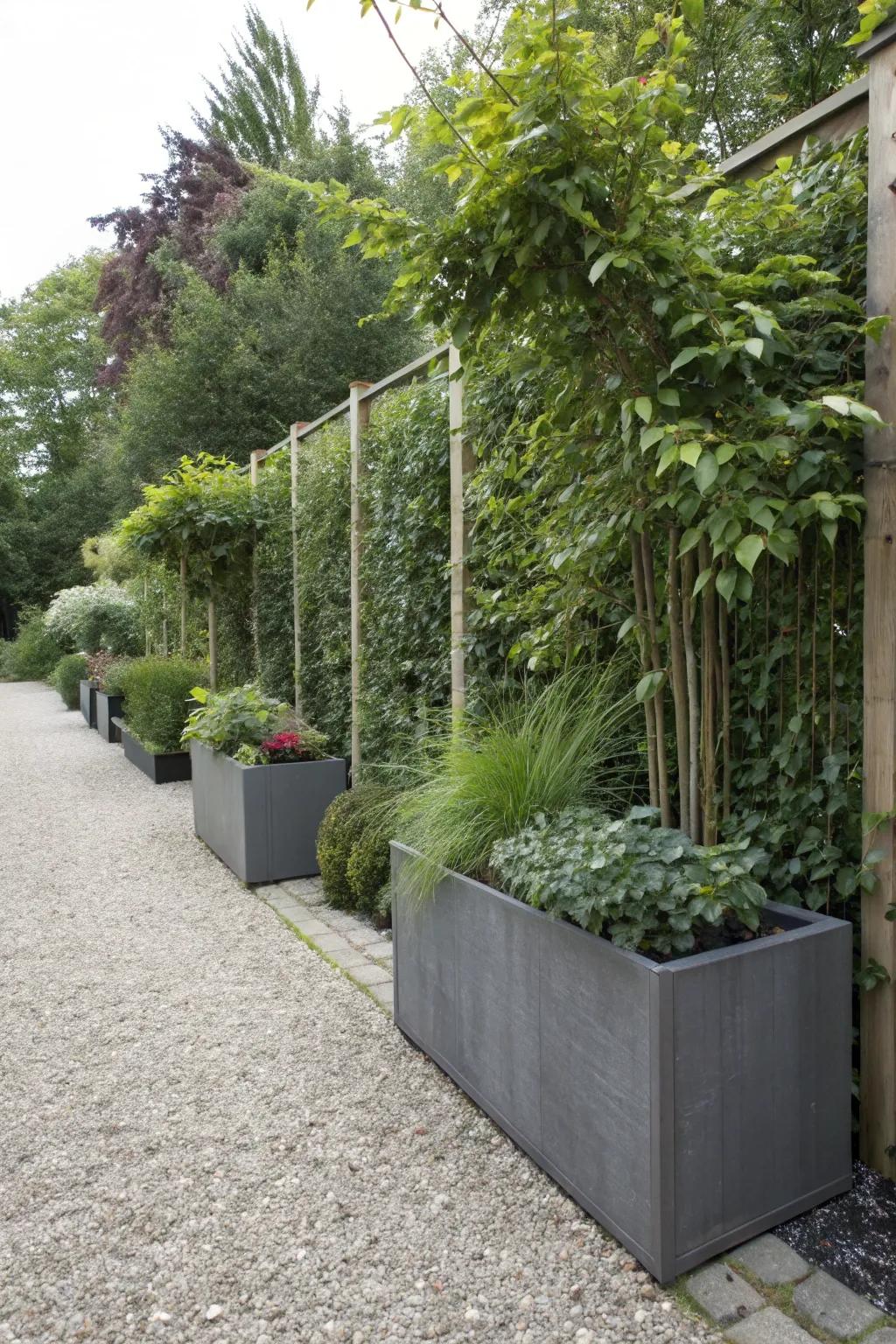 High planters create privacy and delineate space, improving the structure of a gravel garden.