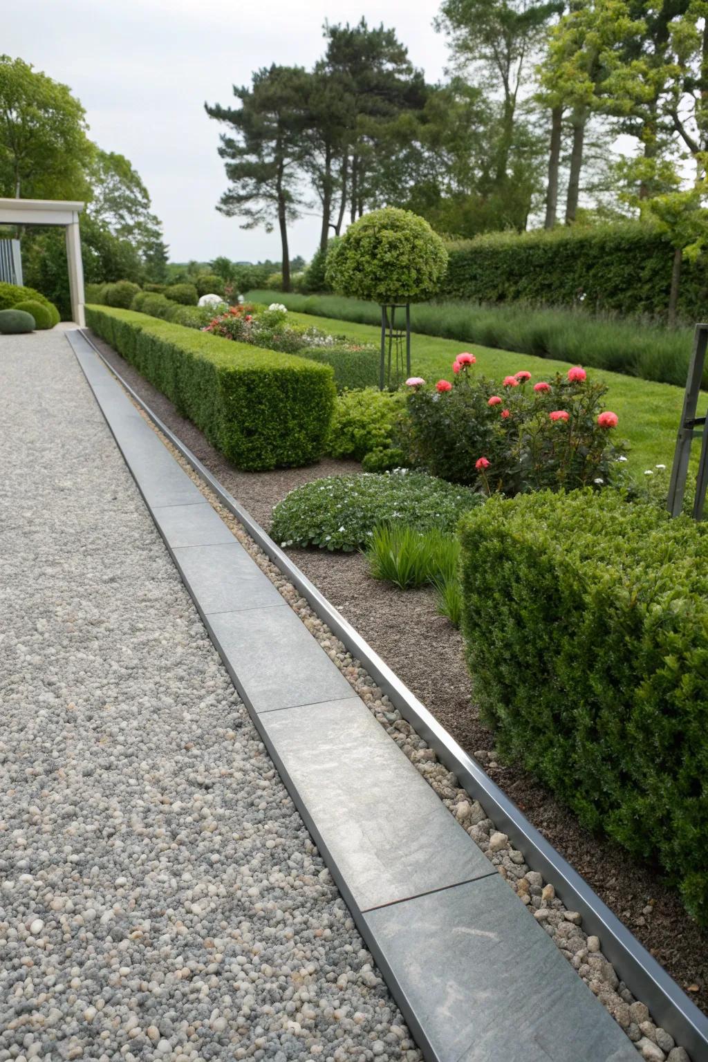 A modern gravel path enhanced with stylish metallic edging