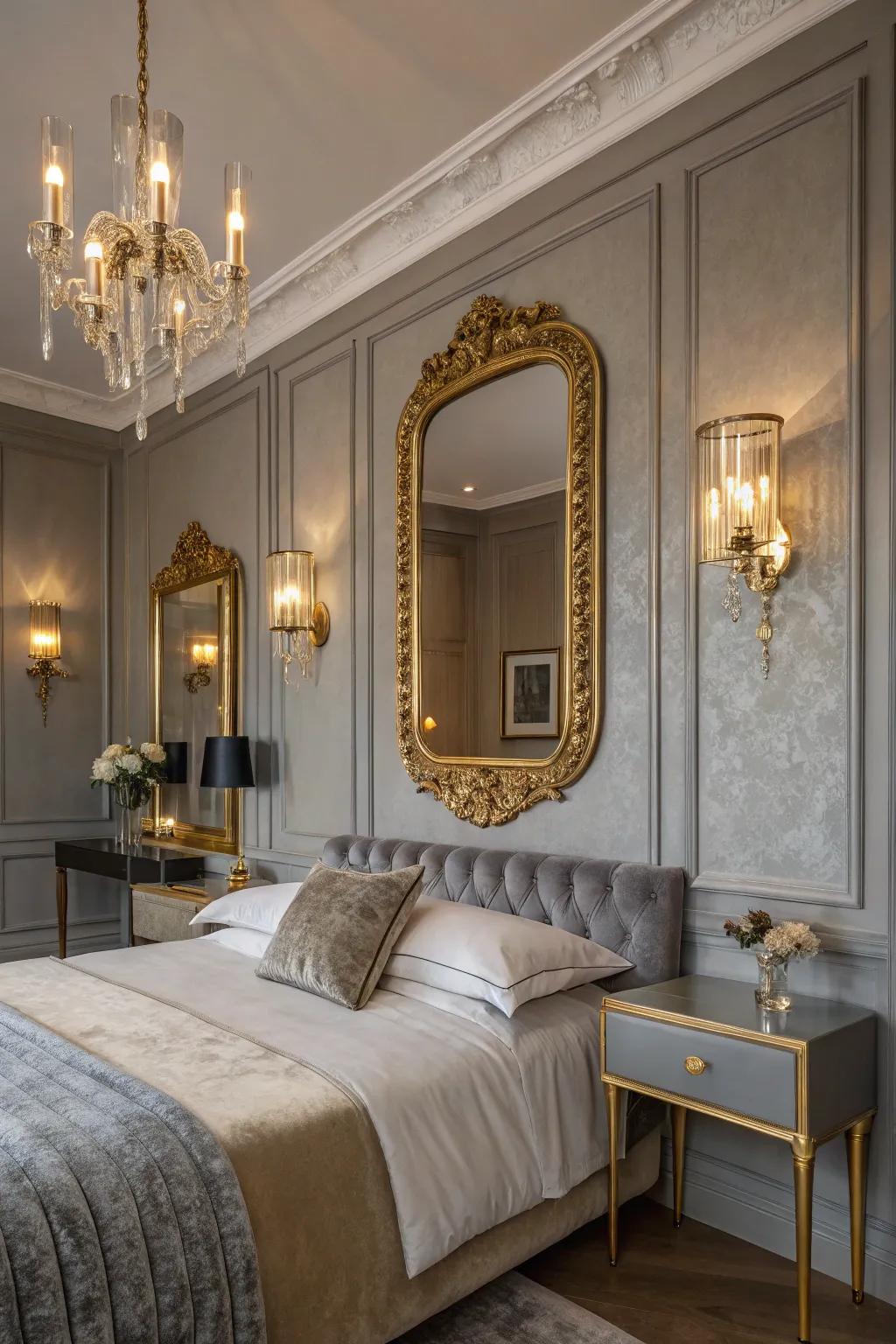 A glamorous gray bedroom using gold accents.