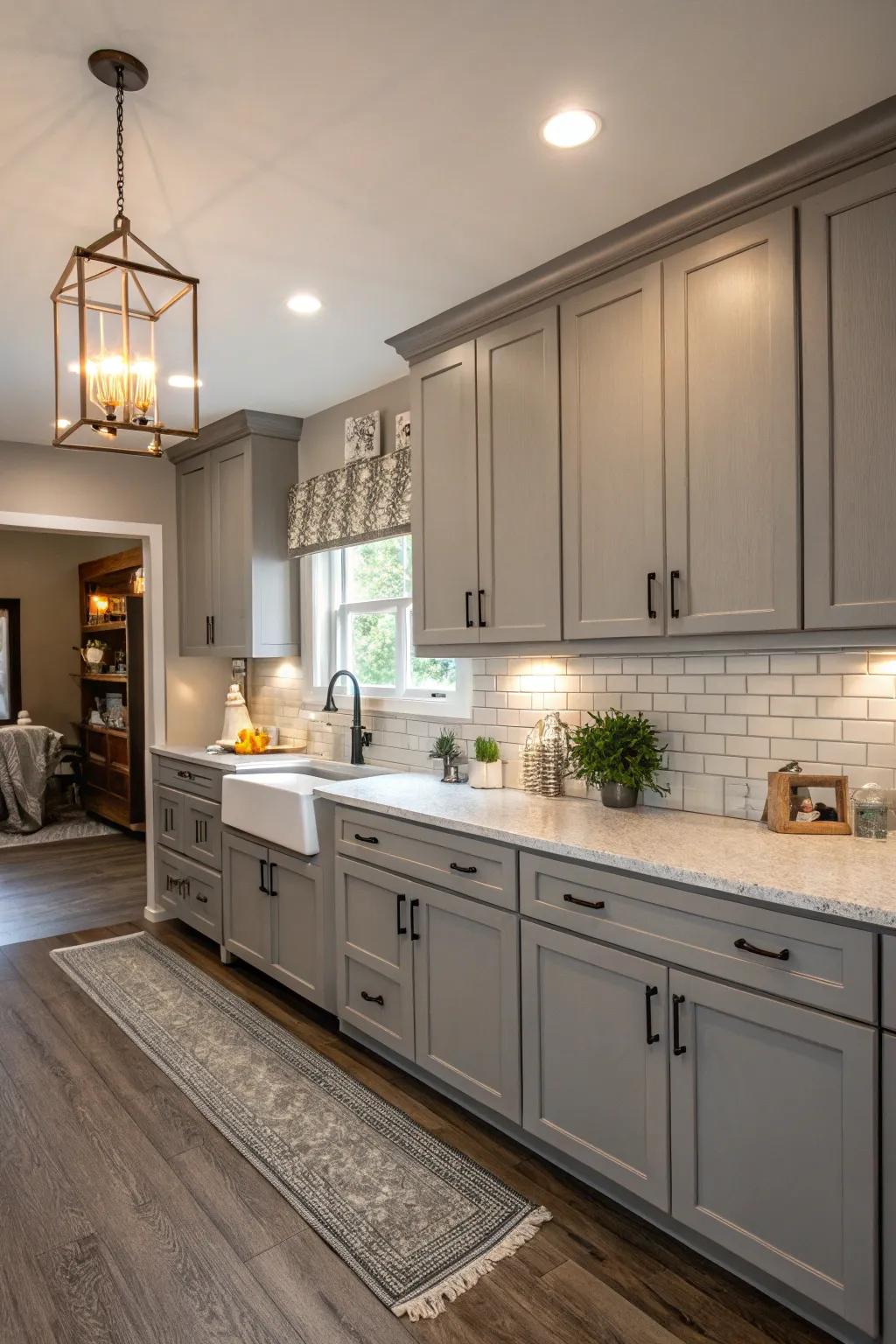Gray acts as a soothing backdrop in this adaptable kitchen design.