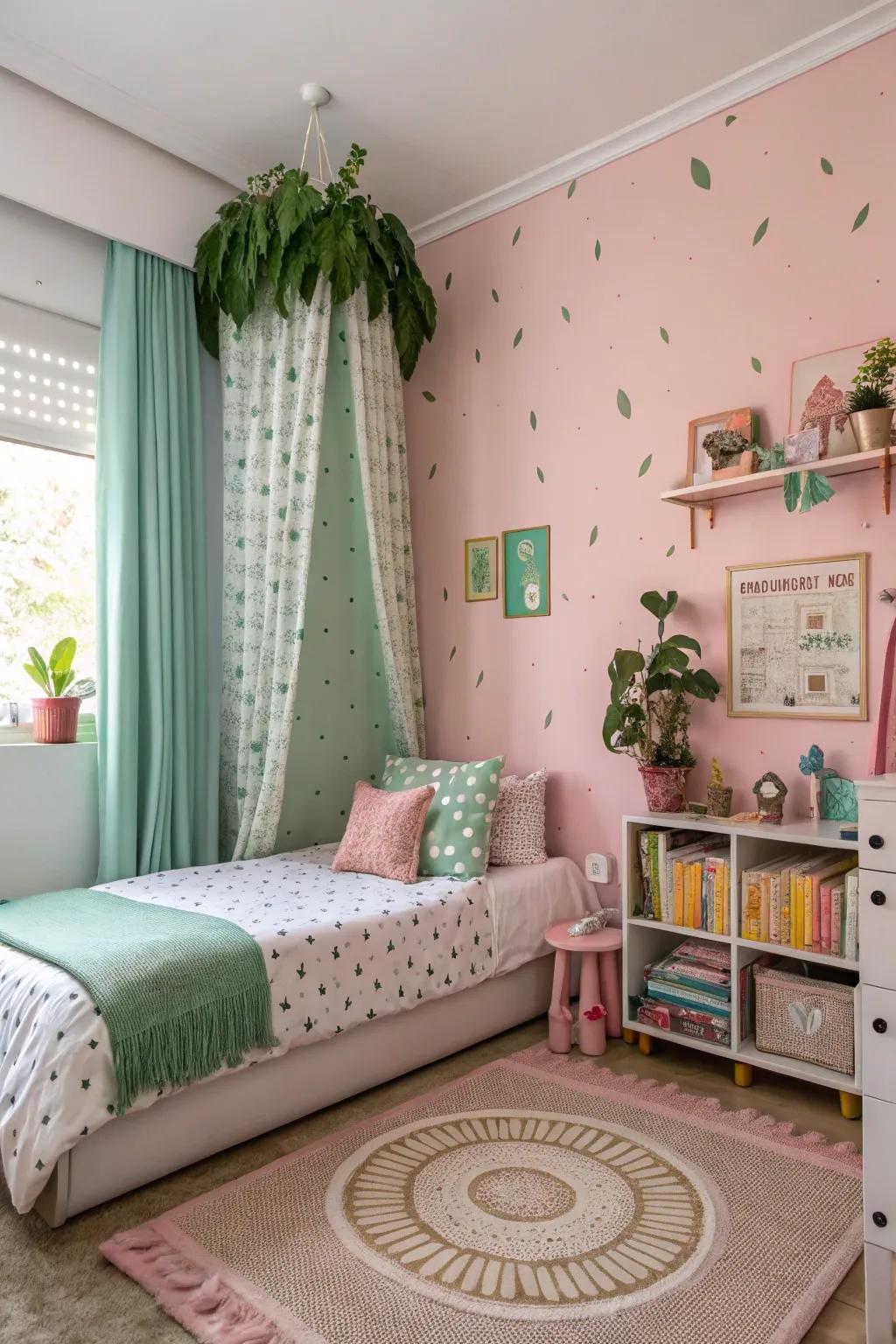 Quirky roseate walls paired alongside verdant decor cultivate an enchanting vibe.