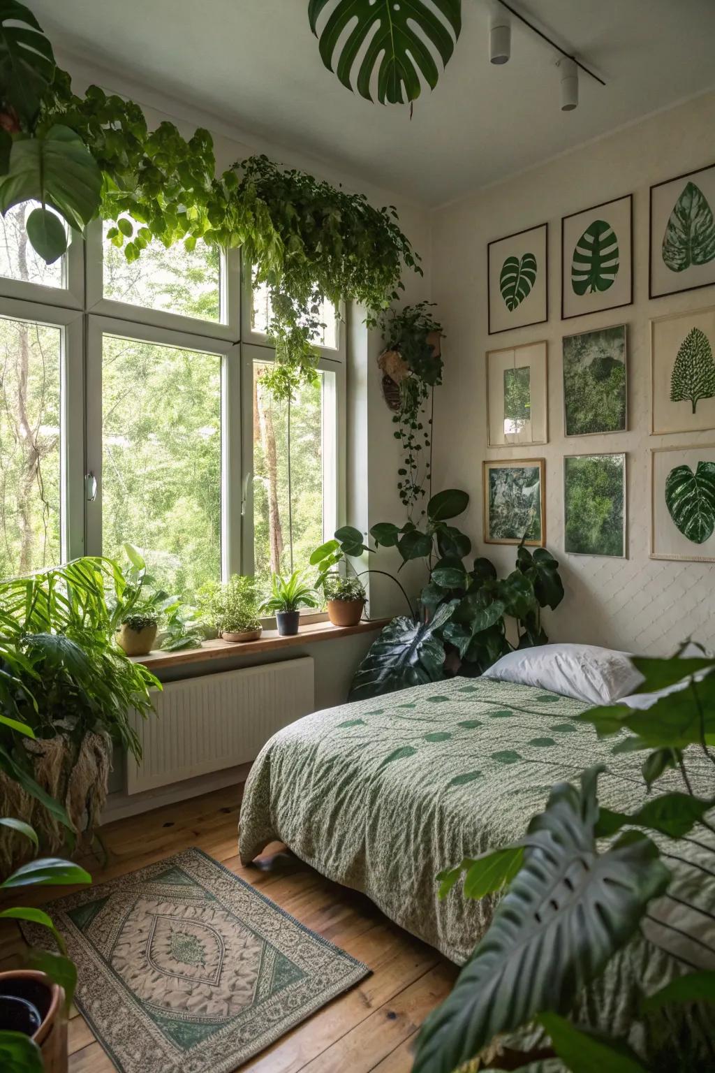 Botanical prints and live plants convert any bedroom into a lush paradise.