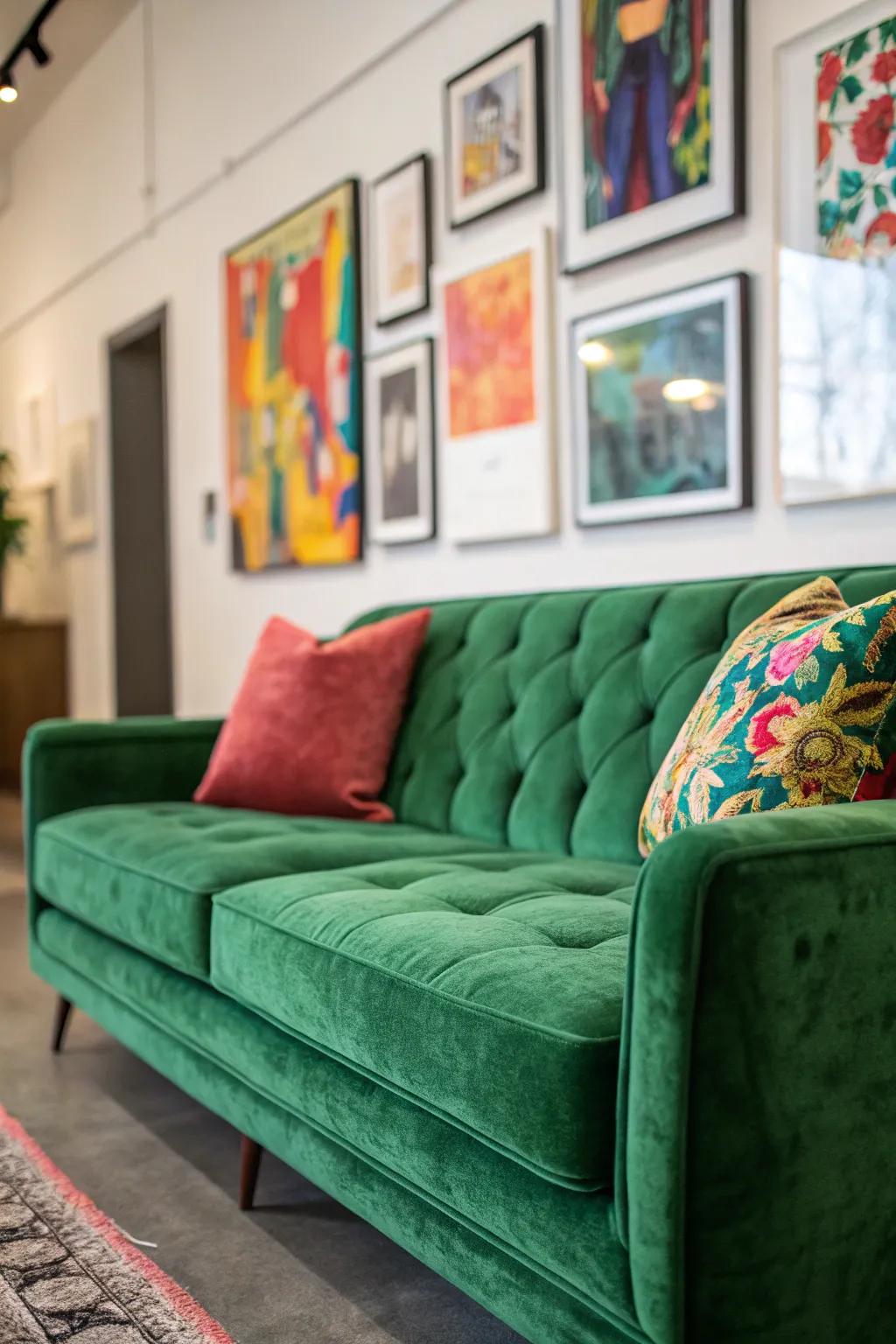 A gallery-like lounge featuring a green velvet couch and daring artwork.