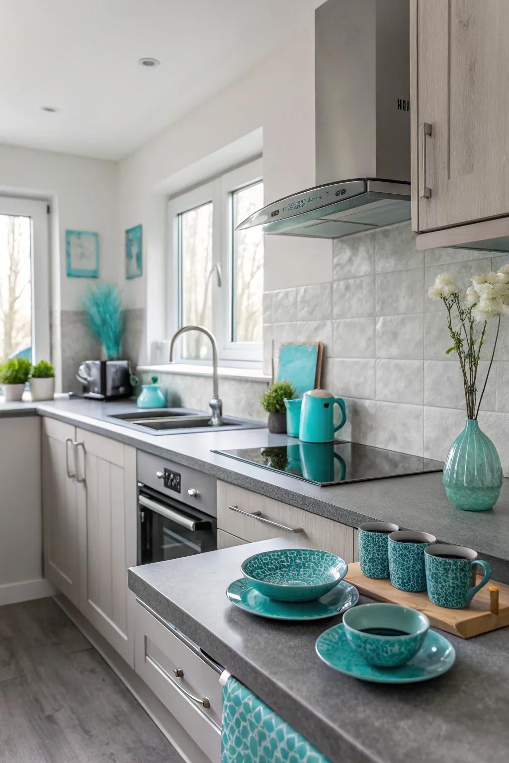 Aqua decor brings life to elegant grey surfaces.