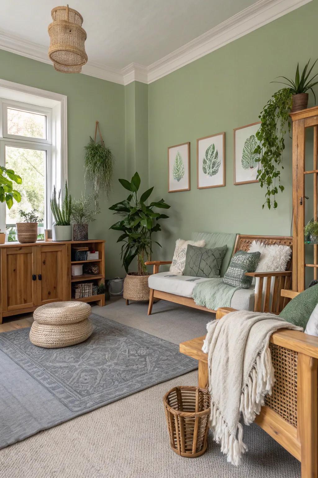 Olive walls provide a calming foundation alongside grey carpets.