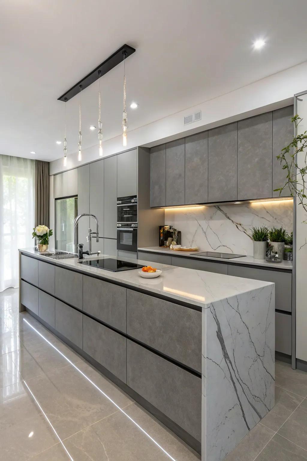 A kitchen showcasing elegant cascading boundary grey countertops.