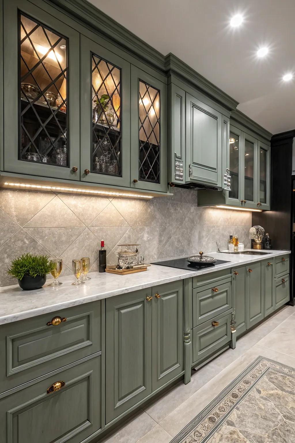 Shadowed elements establish an evocative atmosphere with grey-green cabinets.