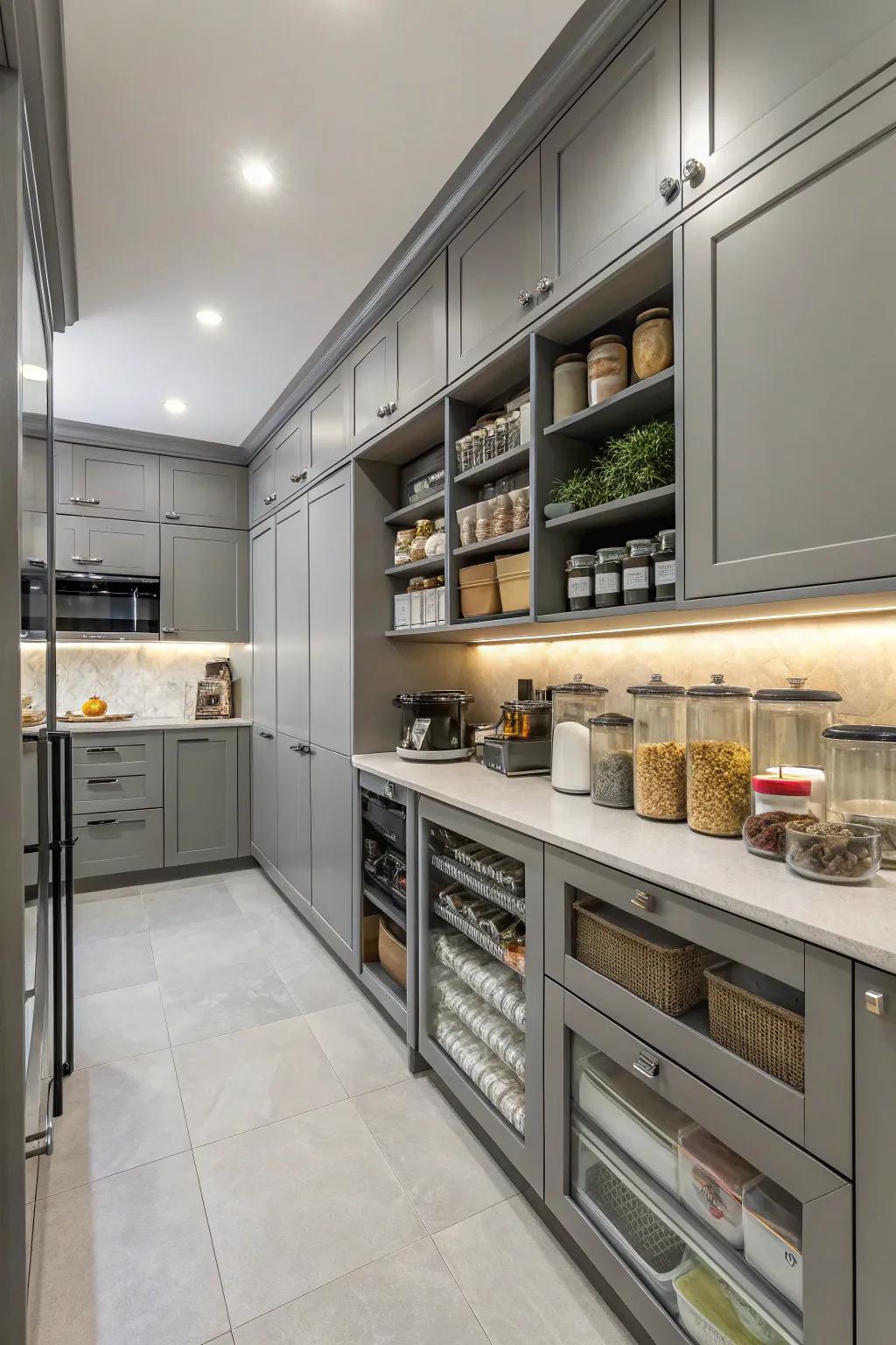 Practical layout keeps a grey kitchen organized and efficient.