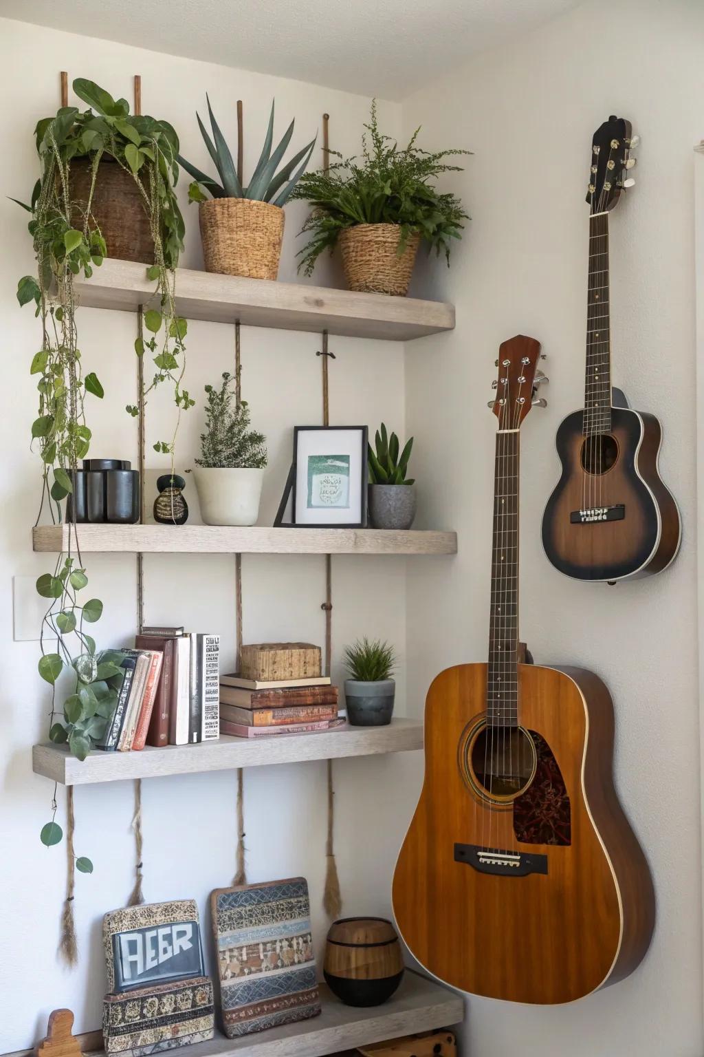 Guitars displayed with drifting ledges for added appeal.