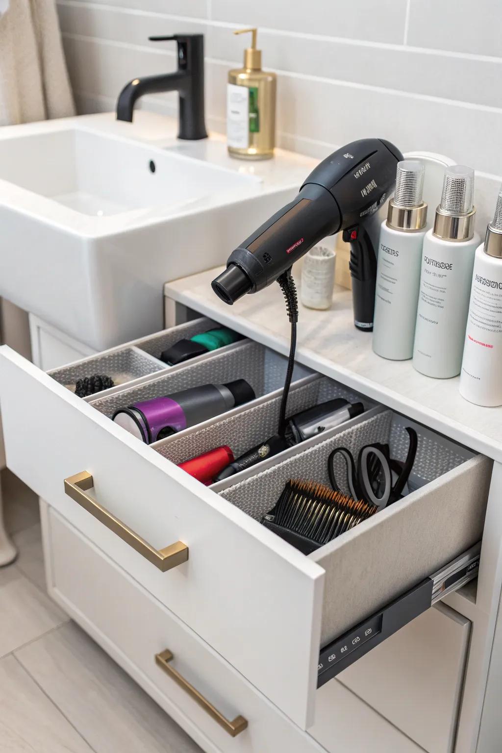 Dedicated sections maintain styling instruments structured and tangle-free.