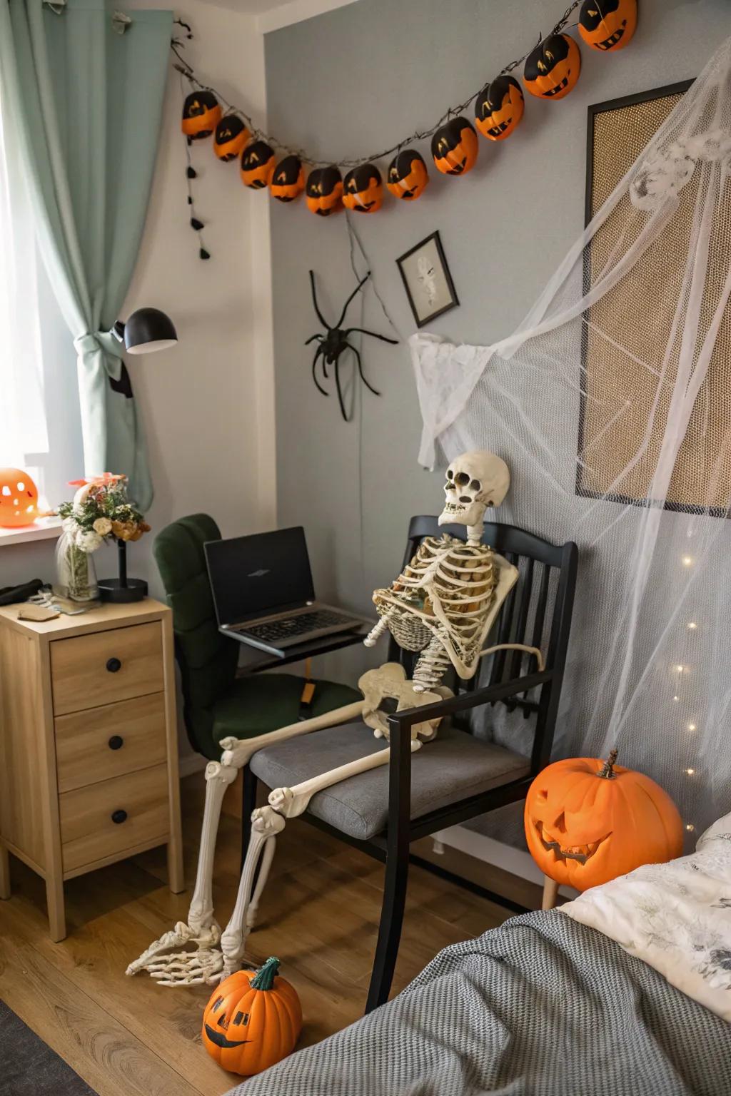 A skeleton within your bedroom injects a playful, spectral shock.